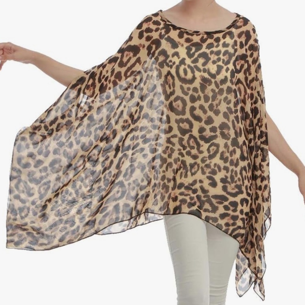 Leopard Print sheer Poncho batwing Y2K caftan top size 2-10 - Picture 3 of 3